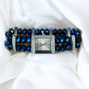 Studio Time blue crystal bead stretch band watch